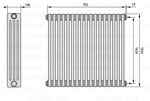 Схема (чертеж) Радиатор Zehnder Charleston 4150/17 №7610 Белый глянцевый RAL 9016
